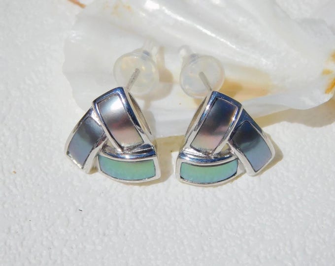 Sliced Pearl Post Earrings | Sliced Tahitian Pearls | Gold Plated Sterling Silver | Black Pearls | Triangle Earrings | AAA | Green | Blue