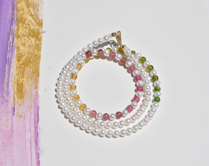 Freshwater Pearl and Ombre Tourmaline Necklace: Solid 18K Gold, 18.5 inches