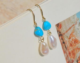 Freshwater Keshi Pearls with Turquoise Drop Earrings | Solid 18kt Gold | Blue | White | AAA+ | Gemstone and Pearls | Pearl Drop Earrings
