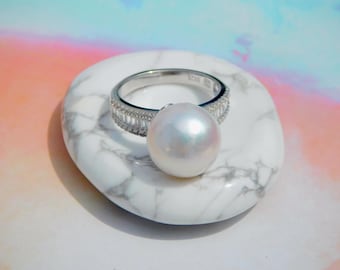 12.4mm White Freshwater Pearl Ring | AAA | Round | Size 7 US | White Gold Plated Sterling Silver | CZ Ring | Pearl Ring | Cluster Ring