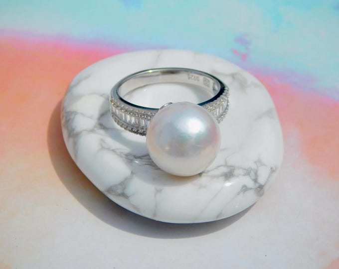 12.4mm White Freshwater Pearl Ring | AAA | Round | Size 7 US | White Gold Plated Sterling Silver | CZ Ring | Pearl Ring | Cluster Ring