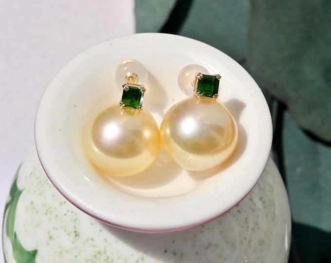 12.3mm Golden South Sea Pearl Tsavorite Earrings: AAA, Solid 14K Gold, Au585, Green, Studs