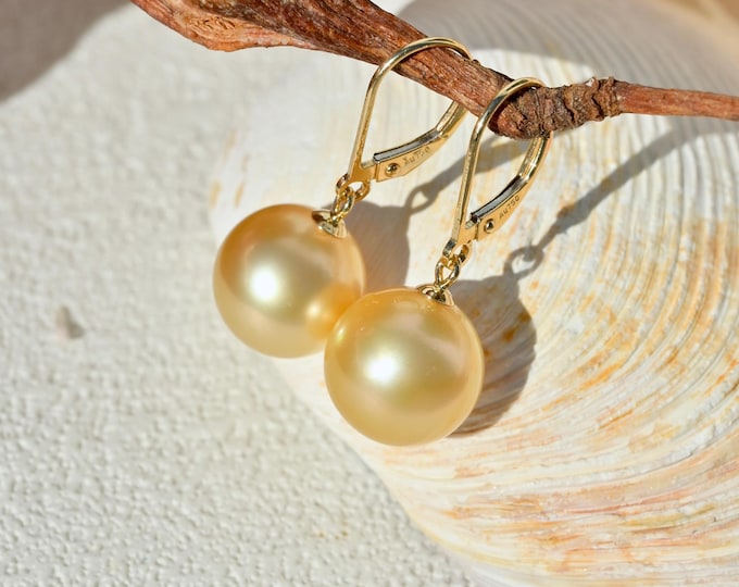 Golden South Sea Pearl Earrings: Solid 18K Gold Lever Back, 11.3mm, AAA Luster, Round