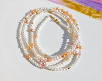 34 Inches Petite Pearl Necklace | White | Pink | Coral Golden | Solid 18K Gold | Two Strand Necklace | 3mm to 5mm | Long Necklace | AAA+