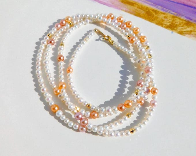 34 Inches Petite Pearl Necklace | White | Pink | Coral Golden | Solid 18K Gold | Two Strand Necklace | 3mm to 5mm | Long Necklace | AAA+