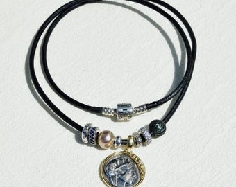 Ancient Greek Coin (replica) & Pearl Leather Necklace: Removable Enhancer, 22 Inch Black Lambskin Cord, Sterling Silver