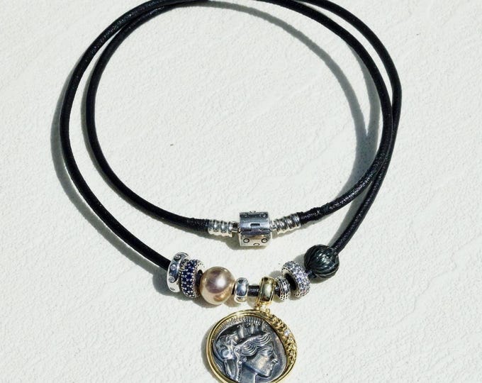 Ancient Greek Coin (replica) & Pearl Leather Necklace: Removable Enhancer, 22 Inch Black Lambskin Cord, Sterling Silver