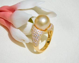 12.1mm Light Golden South Sea Pearl Ring | Cluster Ring | Gold Plated Sterling Silver | 6.75 US | AAA | Pearl Ring | Statement Ring | Gold