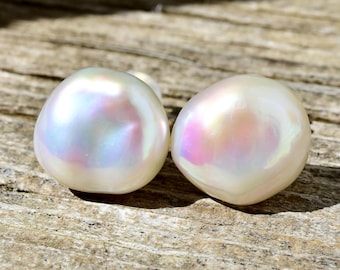14.5mm Baroque Freshwater Pearl Studs: Solid 18K White Gold, AAA+, Iridescent Rainbow Pearl Earrings, Large Pearl Studs