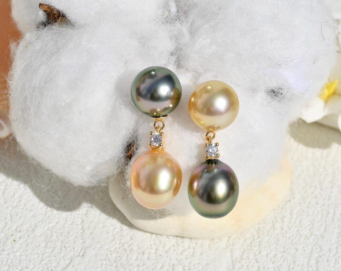 Mismatched Pearl Drop Earrings : Solid 18k Gold, Golden South Sea & Tahitian, Au750, CZ