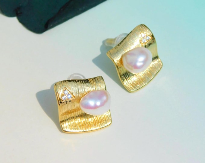 Freshwater Keshi Pearl Vermeil Post Earrings | Scratched Finish Square | Super Luster | Statement Earrings | AAA+ | Gold Plated Silver
