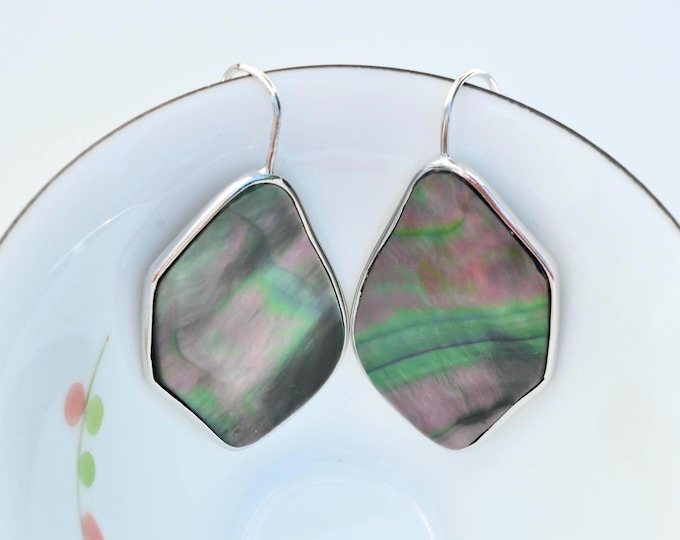 Large Black Lip Shell Earrings: Lightweight, Sterling Silver, Geometric Statement Earrings