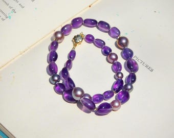 Amethyst & Freshwater Pearl Necklace: Solid 18K Gold, Purple Gemstone Crystal