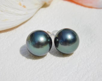 11.2mm Tahitian Pearl Studs | Deep Blue Green | AA+ | Solid 18k White Gold Studs | South Sea Pearl | Saltwater Pearls | Black Pearl Studs