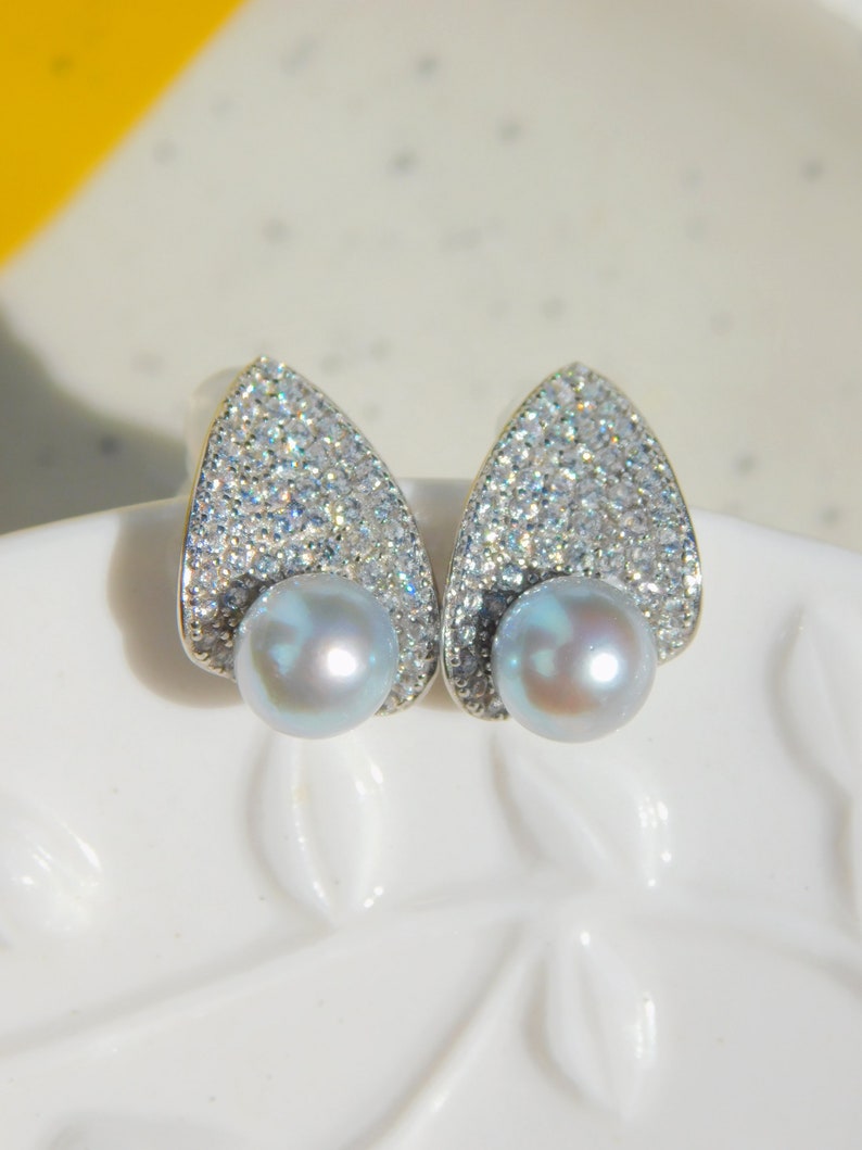Cluster Errings Pastel Blue Akoya Pearl Earrings White Gold Plated over Silver Japanese Akoya Pearls AAA 6.7mm Modern Design image 6