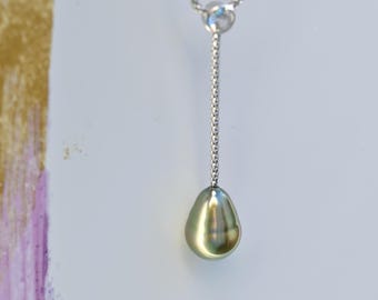 Tahitian Pearl Lariat & Y Necklace: Pistachio, Adjustable Sterling Silver Popcorn Chain, AAA