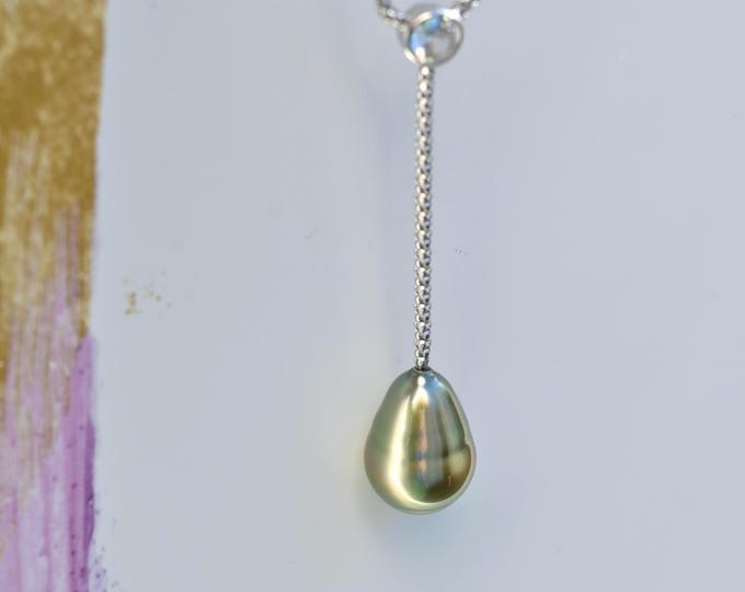 Tahitian Pearl Lariat & Y Necklace: Pistachio, Adjustable Sterling Silver Popcorn Chain, AAA