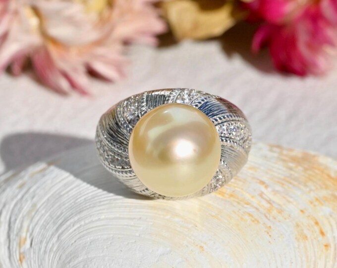 12.4mm Light Golden South Sea Pearl Ring: White Gold Plated Sterling Silver, AAA, 7 US Size