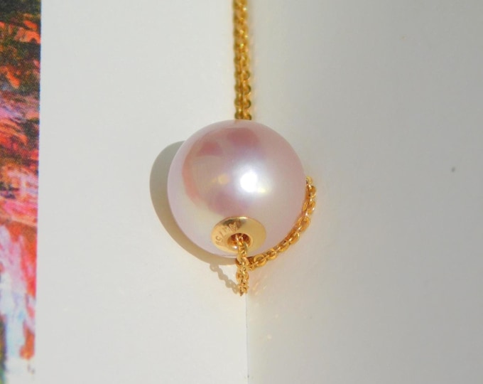 11.6mm Pastel Pink Floating Pearl Necklace | Metallic | AAA+ | Dainty | Solid 18kt Yellow Gold Pin-end Chain | Freshwater Pearl | Adjustable