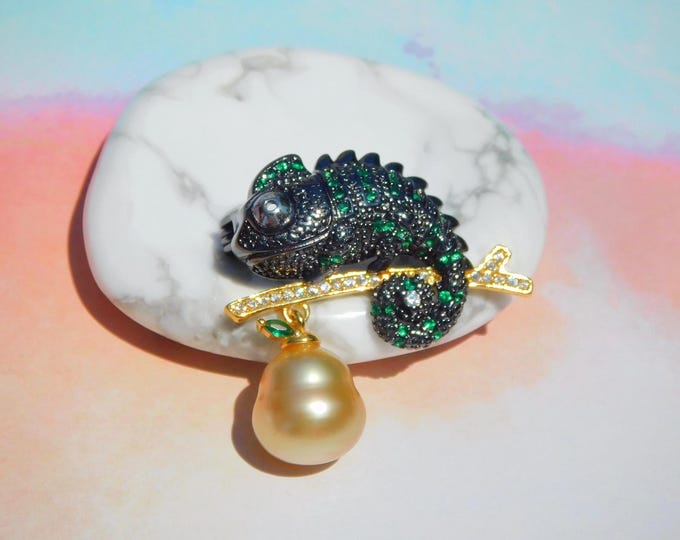 S925 Chameleon Golden South Sea Pearl Brooch/Pin | Rhodium | Sterling Silver | AAA | Pendant | 10.2mm | Green | Black | Animal Pin | Golden