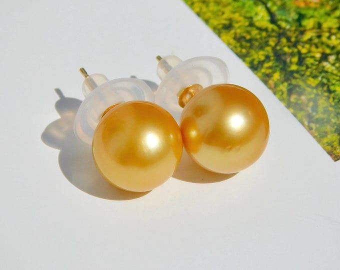 Golden South Sea Pearl Studs: Solid 18K Gold, 11.5mm, AAA, Deep Golden