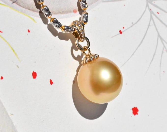 13.4mm Deep Golden South Sea Pendant: Solid 14K Gold Bail, AAA, Saltwater Pearl