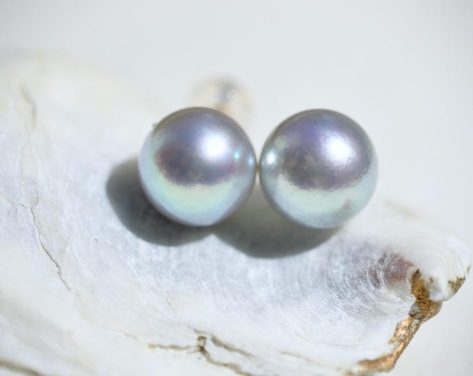 9mm Pastel Blue Akoya Pearl Studs: Solid 18K Gold,  Japanese Saltwater Pearl Stud Earrings