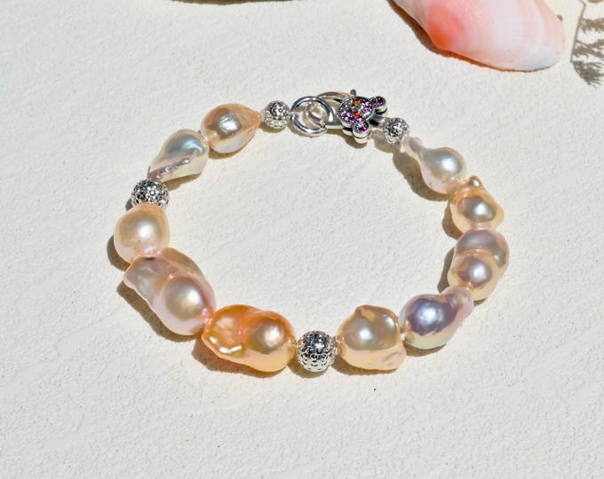 Large Baroque Freshwater Pearl Bracelet: Sterling Silver Findings, Colorful Statement Bracelet, 7.25 - 7.5 Inch Wrist