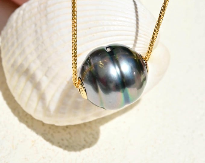 Deep Aubergine Peacock Floating Tahitian Pearl Necklace: Solid 18K Gold Pin-end Chain, 12mm, Circled Pearl