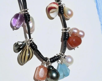 Mixed Gemstone & Pearl Necklace: 13.8mm Tahitian, amethyst, Aquamarine, Sunstone, Agate, Seashells, Lambskin, Adjustable 23''