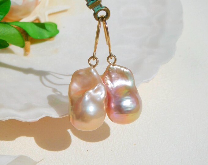Baroque Freshwater Pearl Earrings | Pastel Pink Pistachio | Solid 18k Gold | Coral Pink | Mauve Pink | Golden Blush | Drop Earrings | AAA