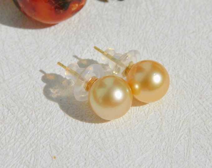 10mm Golden South Sea Pearl Studs | AAA | Round | Solid 18K Yellow Gold Studs | Golden Pearl Studs | Gold Pearl | Saltwater Pearls