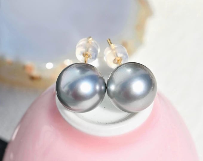 10.2mm Tahitian Pearl Studs: Light Gray, Solid  18K Gold, AAA