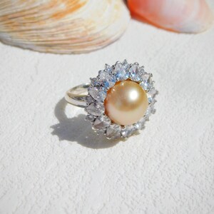 11.8mm Golden South Sea Pearl Ring | AAA | White Gold Over Sterling Silver | 7 1/4 US | Saltwater Pearl | Cluster Ring | Statement Ring