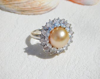 Golden South Sea Pearl Ring: 18k White Gold over Sterling Silver, US Size 7.25
