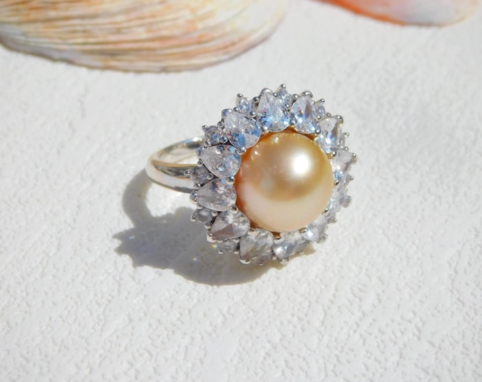 11.8mm Golden South Sea Pearl Ring | AAA | White Gold Over Sterling Silver | 7 1/4 US | Saltwater Pearl | Cluster Ring | Statement Ring