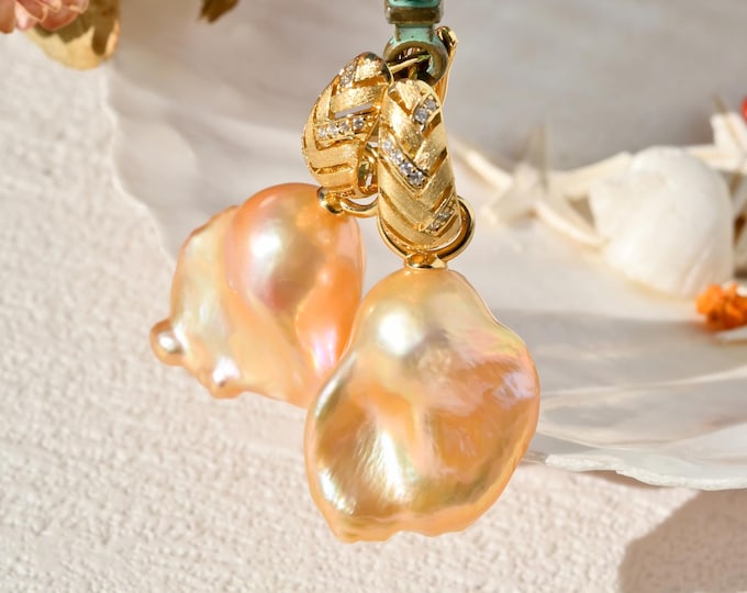 Vermeil Baroque Pearl Hoop Earrings: Chinese Freshwater Pearls, Super Luster, AAA+, Bright Coral Golden
