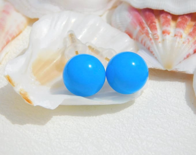 10mm Cobalt Blue Turquoise Studs | Undyed | Round | Hubei Turquoise | Solid 18K Gold | Authentic Blue Turquoise | AAA+ | Au750 | Gemstone