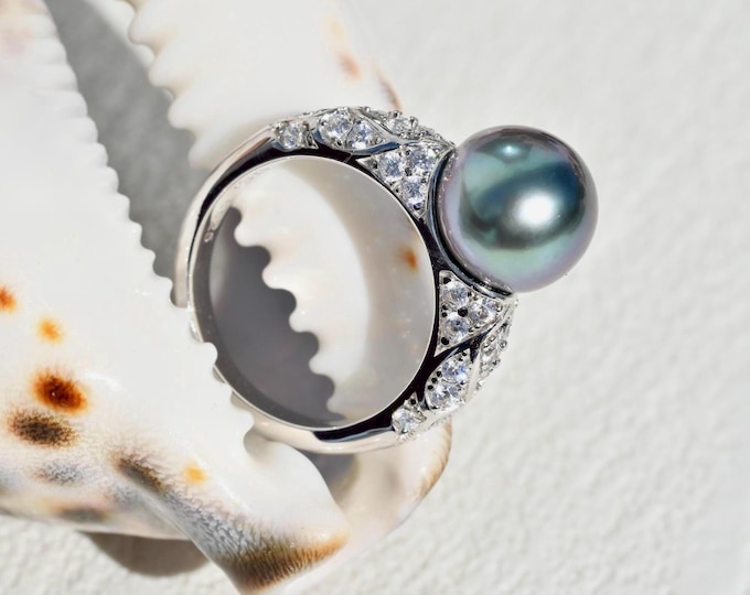 Cluster Tahitian Pearl Ring: Aubergine, White Gold Plated Sterling Silver, AAA+, 6 US Size