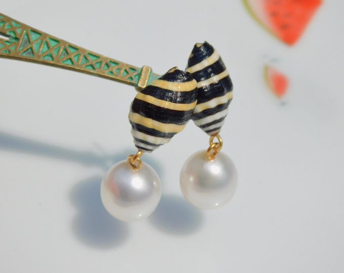 White South Sea Pearl and Seashell Earrings | White | Solid 18k Gold | Pyrene shells | Natural Seashells | Shell and Pearl | Au750