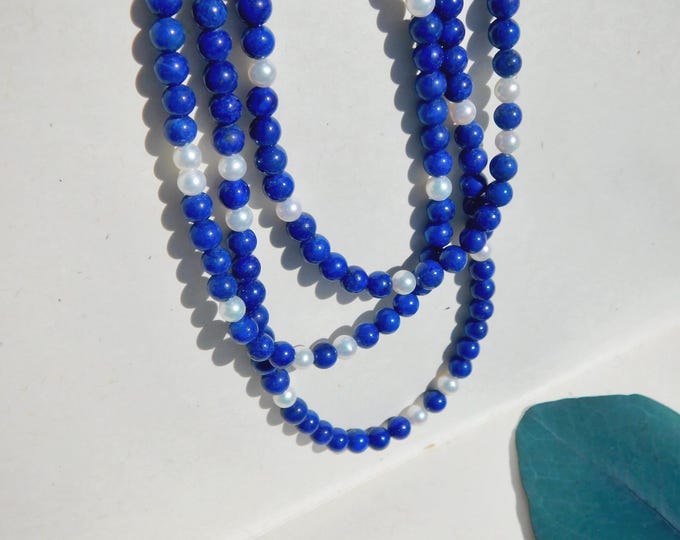 34 Inches Lapis Lazuli and Freshwater Pearl Necklace | 9kt Gold | Blue | 5.5-6mm | Long Necklace | Two Strands | White | AAA | Gemstone