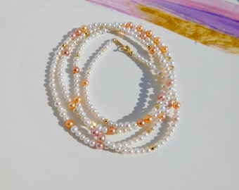 34 Inches Petite Pearl Necklace | White | Pink | Coral Golden | Solid 18K Gold | Two Strand Necklace | 3mm to 5mm | Long Necklace | AAA+