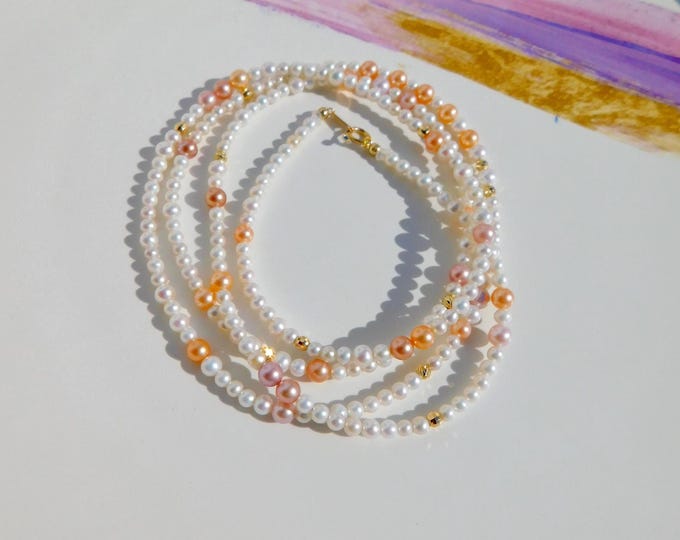 34 Inches Petite Pearl Necklace | White | Pink | Coral Golden | Solid 18K Gold | Two Strand Necklace | 3mm to 5mm | Long Necklace | AAA+