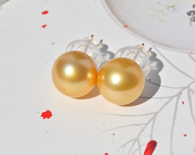 11.7mm Golden South Sea Pearl Studs: Solid 18K Gold, AAA, Gold Pearl Studs