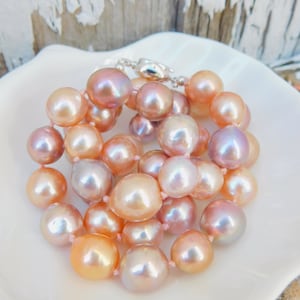 20.5 Inches Colorful Pearl Necklace Pastel Peach Mauve Metallic Pearl Necklace Sterling Silver Clasp Semi-baroque Pearl image 6