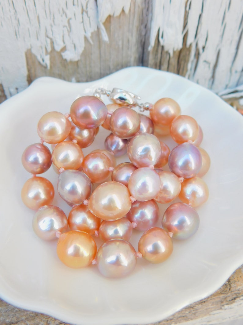 20.5 Inches Colorful Pearl Necklace Pastel Peach Mauve Metallic Pearl Necklace Sterling Silver Clasp Semi-baroque Pearl image 6