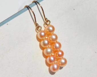 Coral Gold Pearl Bar Earrings | Solid 18k Yellow Gold | 5.5mm * 25mm | Five Pearls | Bright Coral Pink | Chinese Freshwater Pearls | AAA+