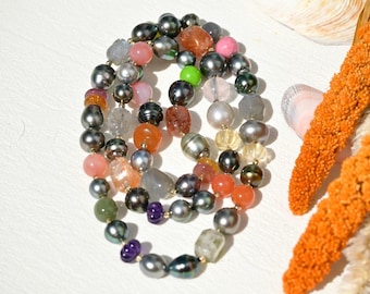 32 Inch Tahitian Pearl & Gemstone Necklace: Solid 18K Gold, AAA, Tourmaline, Agate, Turquoise, Blue Moonstone, Amethyst, Golden Sunstone