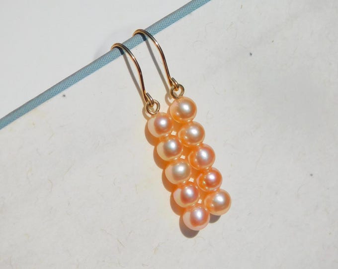 Coral Gold Pearl Bar Earrings | Solid 18k Yellow Gold | 5.5mm * 25mm | Five Pearls | Bright Coral Pink | Chinese Freshwater Pearls | AAA+