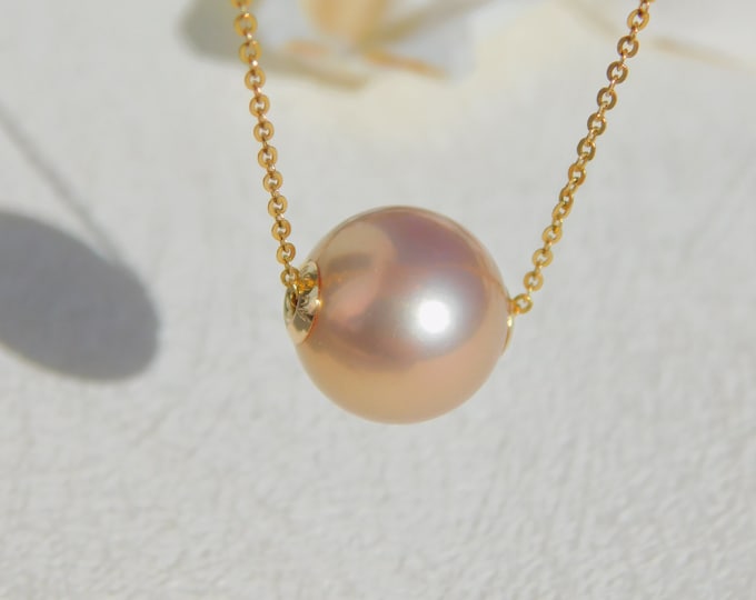 11.4mm Pastel Golden Blush Floating Pearl Necklace | Metallic | AAA+ | Dainty | Solid 18kt Yellow Gold Pin-end Chain | Freshwater Pearl